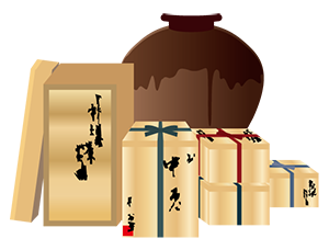 木箱に入った骨董品と壺