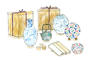 陶磁器や壺、茶器などの古美術品と骨董品のイラスト