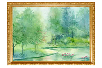 湖畔の木々と睡蓮を描いた水彩風景画